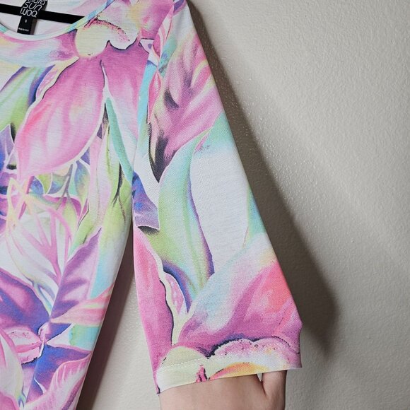 Clara Sun Woo Small Pastel Floral Artsy Art To Wear 3/4 Sleeve Top Blouse Mesh - Picture 3 of 6